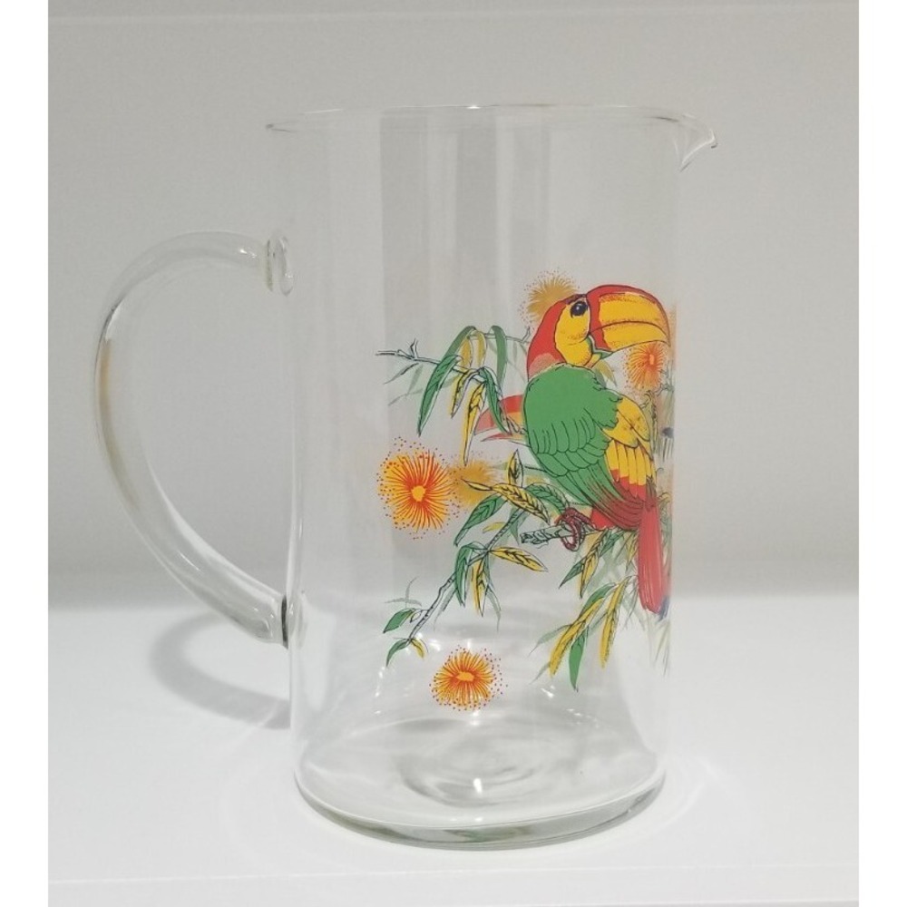 Vintage Glass Pitcher by Cerve Printed Toucans and Flowers Tropical